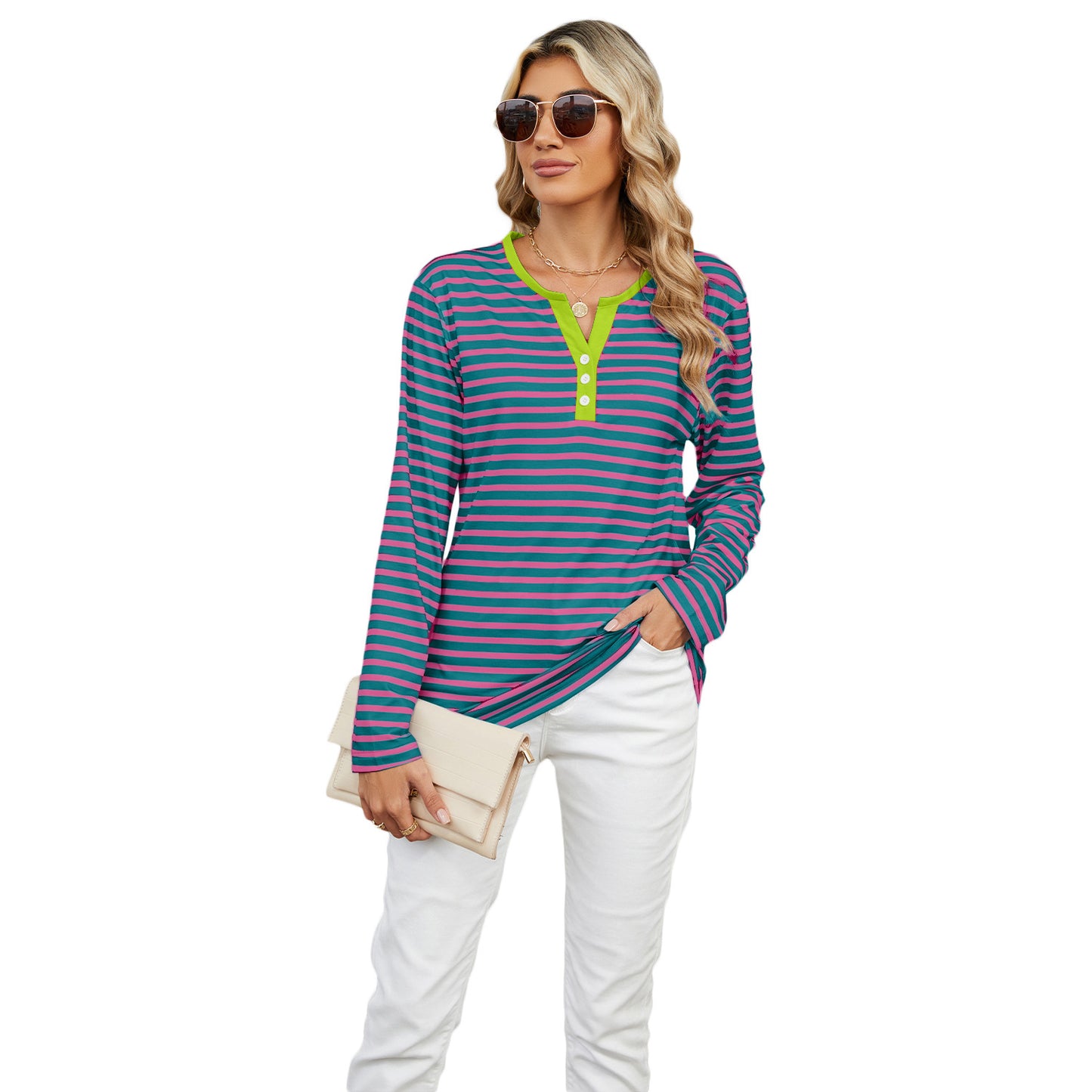 Women's V-neck Striped Loose Long-sleeved T-shirt Tops