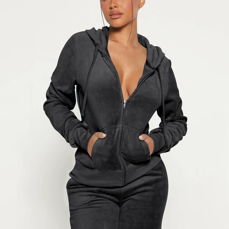 2-piece Zip Pocket Drawstring Hooded Crop Top & Slim Fit Pocket Pants - Ribbed Detail Casual Outfit for women