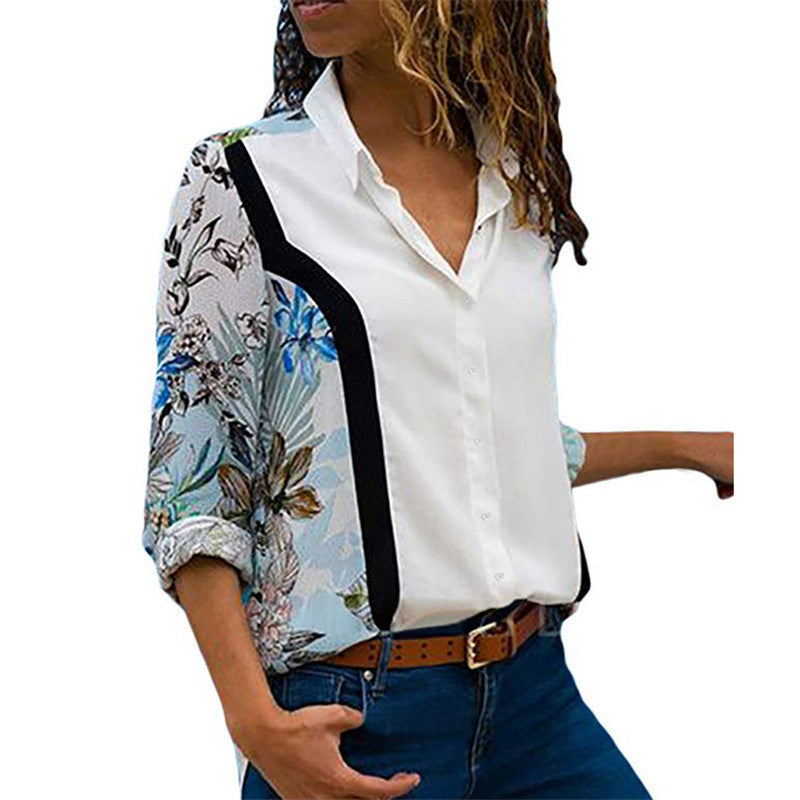 Casual long-sleeved solid color stitching chiffon shirt ladies top