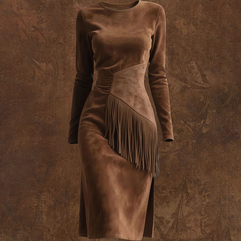 Women's Vintage Western Suede-Look Maxi Dress, Boho Fringe & Waist Ruffle Detail Bodycon Gown