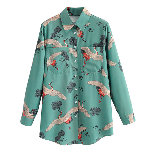 European and American Crane Print Casual Loose Pocket Shirt