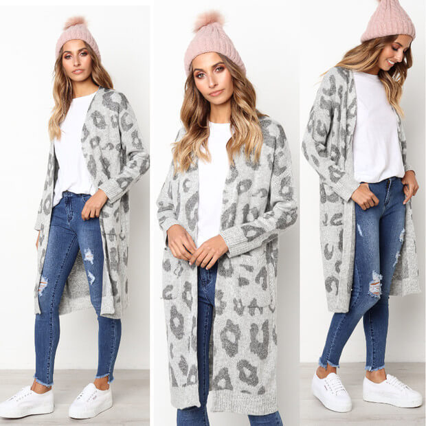 Women's Leopard Knitted Long Sleeve Cardigan Sweater
