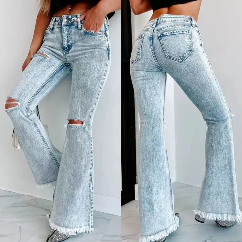 High Waist Ripped Women's Washed Jeans