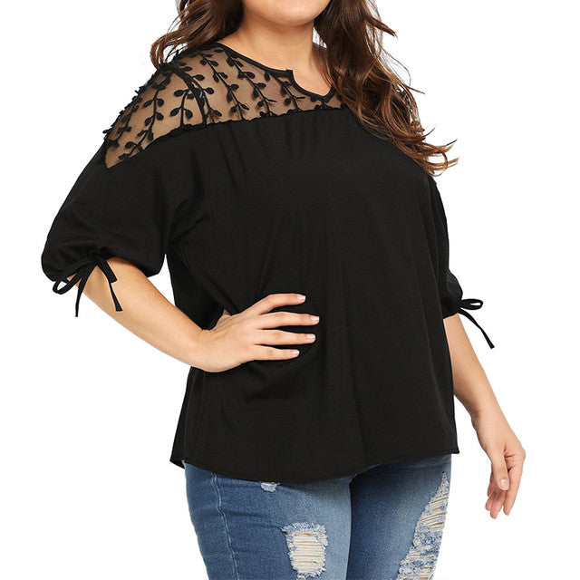 Plus Size Sheer Lace Chiffon Blouses with Ribbons
