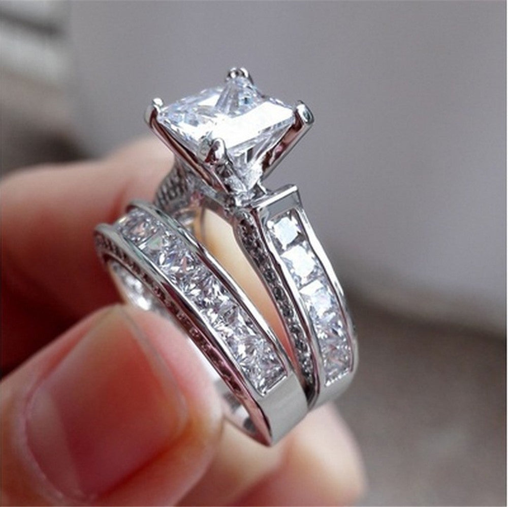 New Style Charm Couple Rings. Silver Color, Princess Cut CZ Anniversary Promise Wedding Engagement Ring Sets