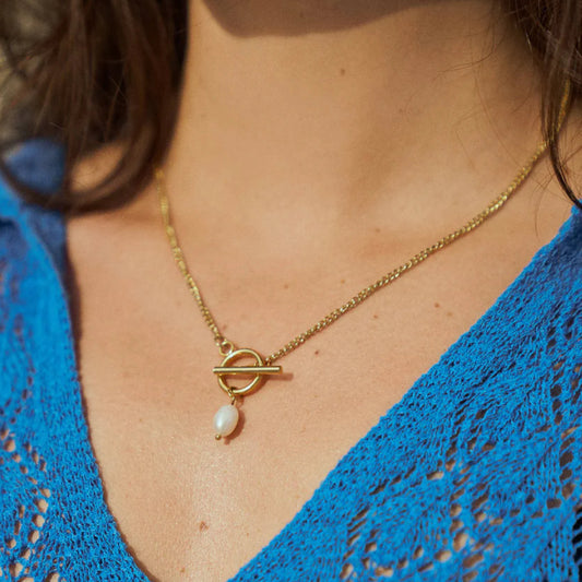 Stainless Steel 18k Gold Pearl Pendant Necklace