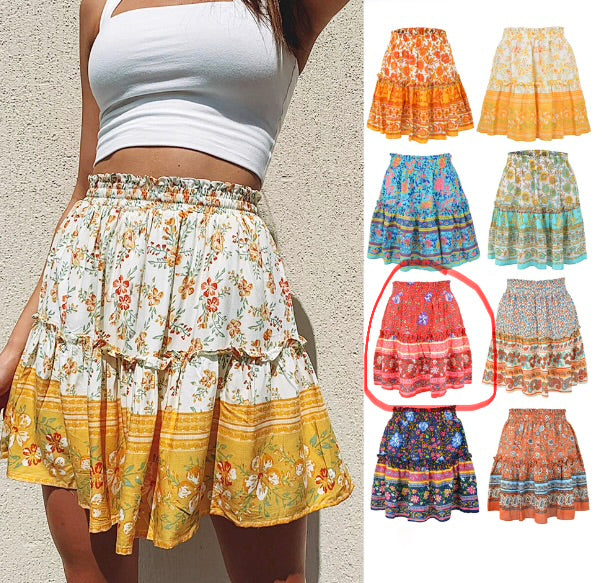 Floral Ruffled Hem Short Skirt with Patchwork Design