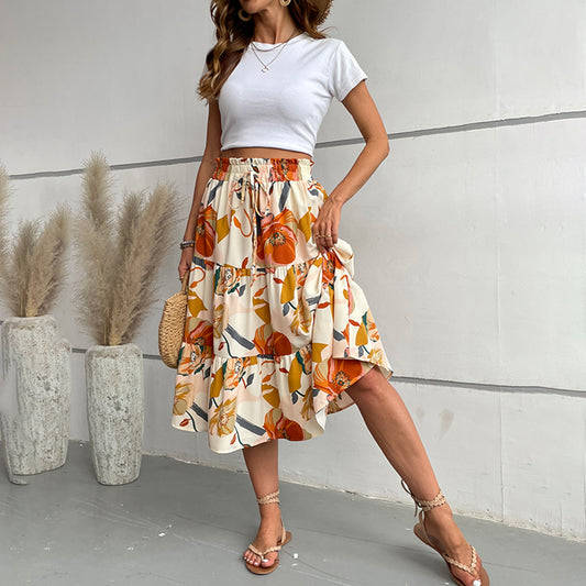 Women's Floral Tiered Midi Skirt. Elastic Waist Dressy Casual A-line Flowy Boho Skirts