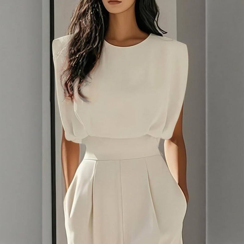 Women's Solid Color Round Neck Jumpsuits. Short Sleeve Wide-Leg, Waist Design & Pockets Casual Romper For Spring & Summer