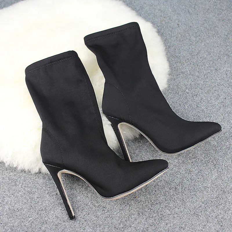 Candy Color Pointed Toe Elastic High Heels Booties