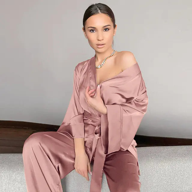 Solid Women’s Satin 2-Piece Pajama Set with Sashes