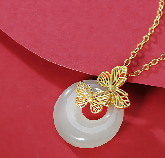 Chinese Jade Necklace Sterling Silver Butterfly Dream Pendant