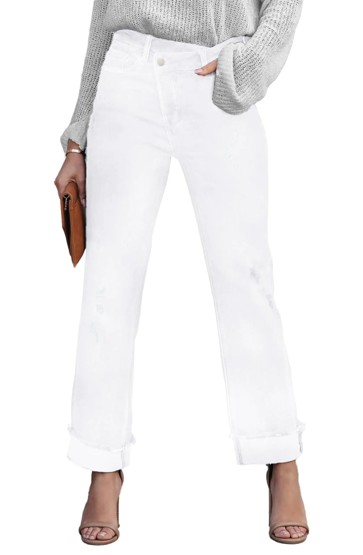 Womens Boyfriend Jeans. High Waisted Distressed Ripped Crossover Cuffed Straight Leg Denim Pants