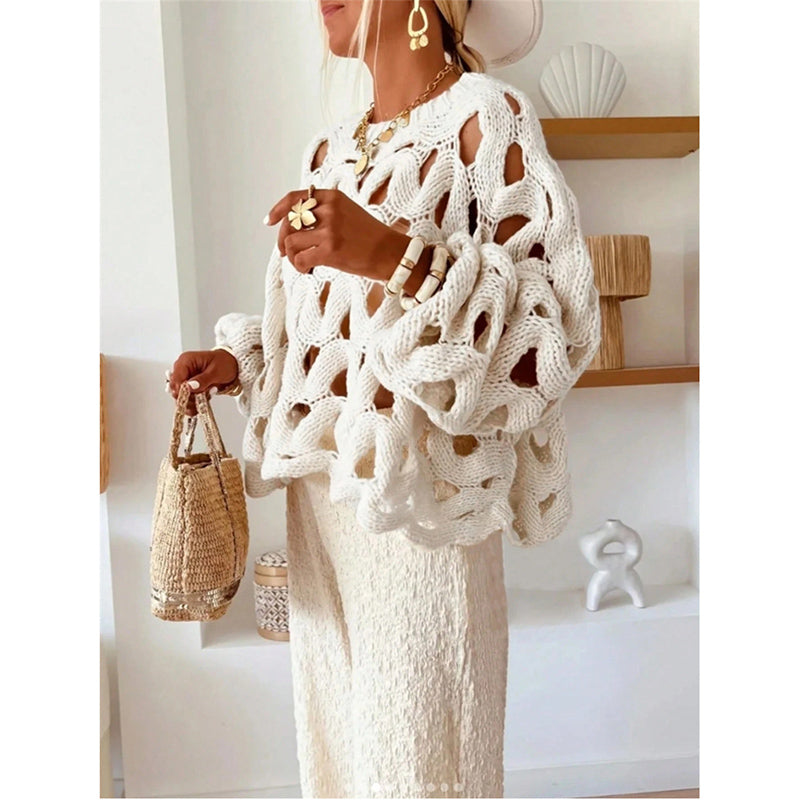 Womens Crewneck Elegant Soft Sweater. Long Sleeve Hollow Out Crochet Knit Pullover Tops