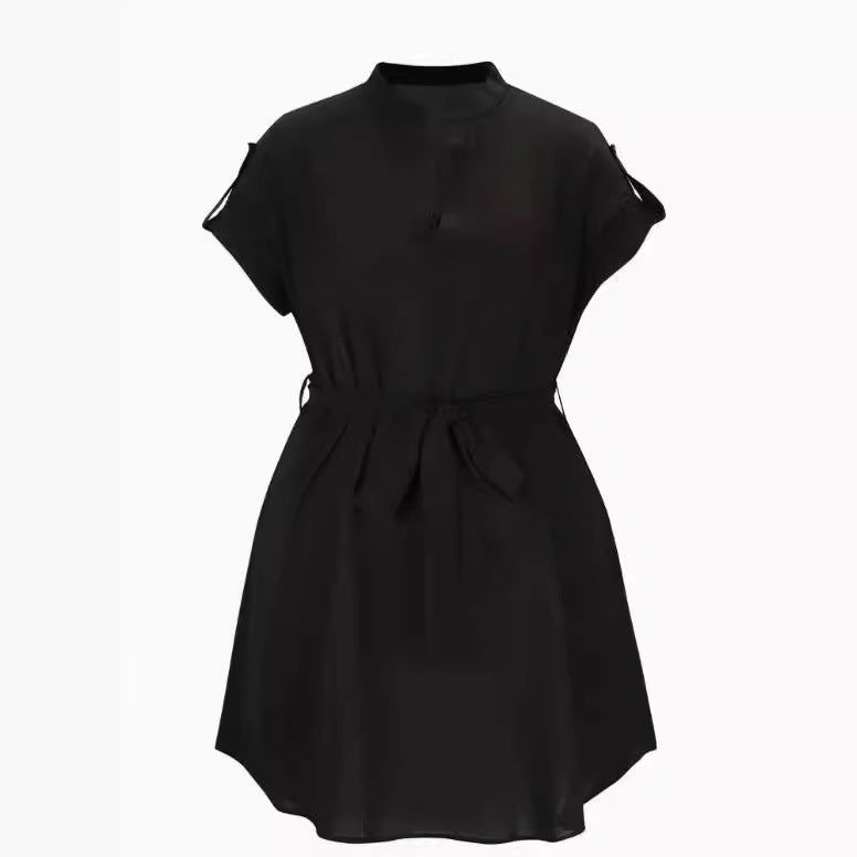 V-neck Short Sleeve Dress With Belt. Summer Fashion Bowknot Dresses For Women Clothing