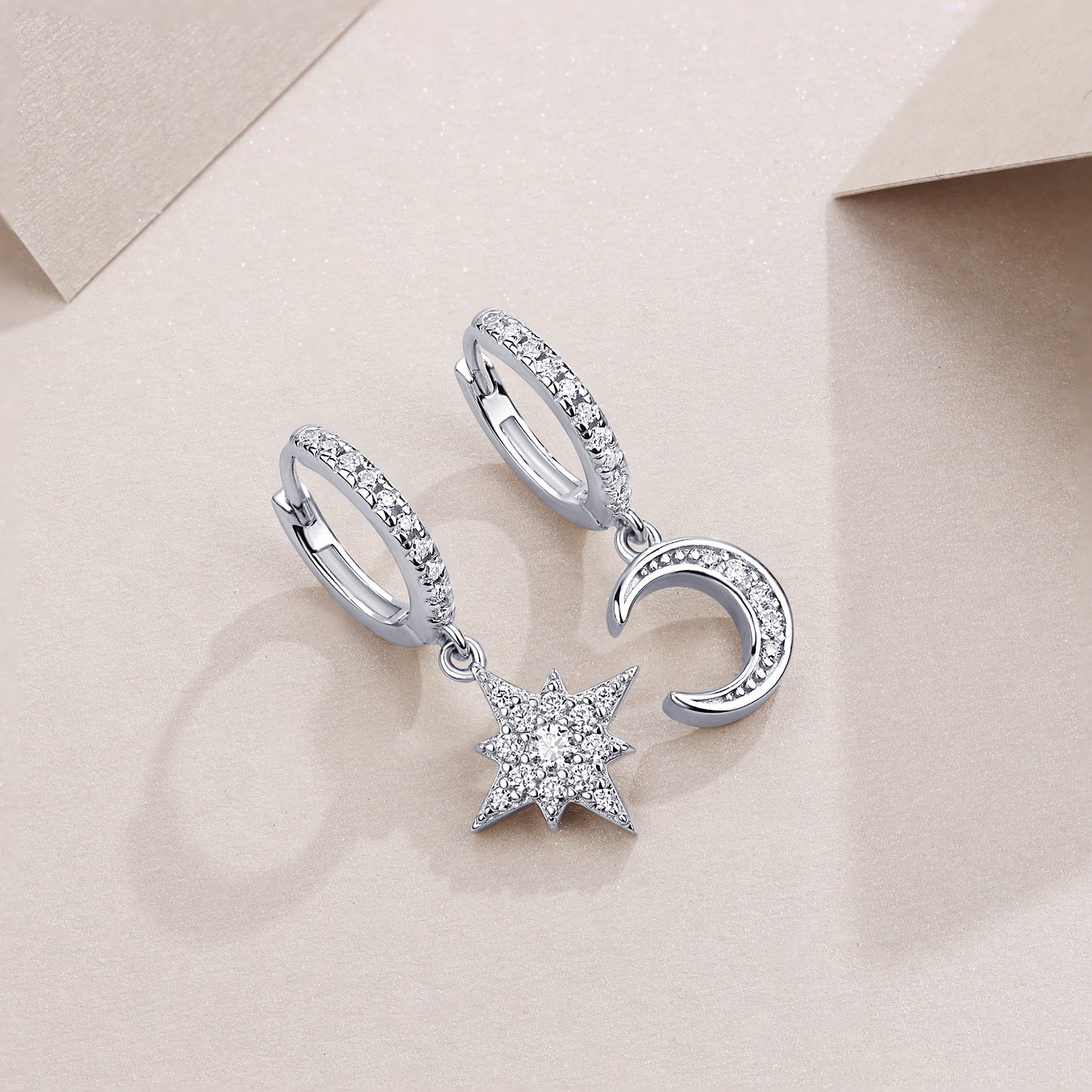 Star And Moon Interdependent Earrings. Stud Moissanite S925 Sterling Silver And Platinum-plated Diamonds Jewelry set