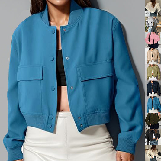 Fashion Button Stand-collar Jacket With Big Pockets. Casual Loose Short Outwear Tops Coat For Women