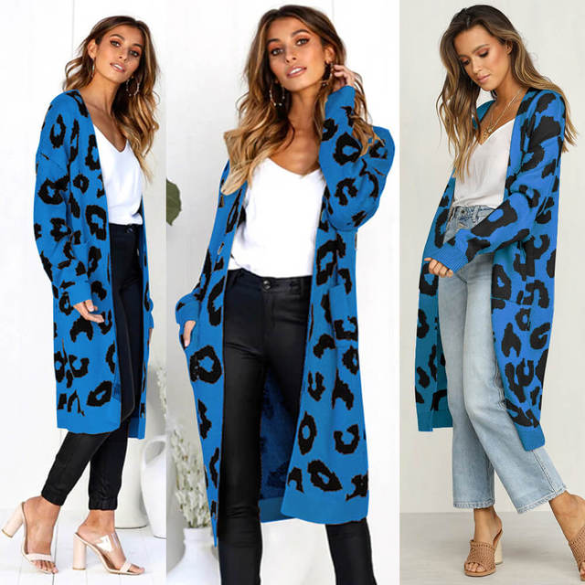 Women's Leopard Knitted Long Sleeve Cardigan Sweater