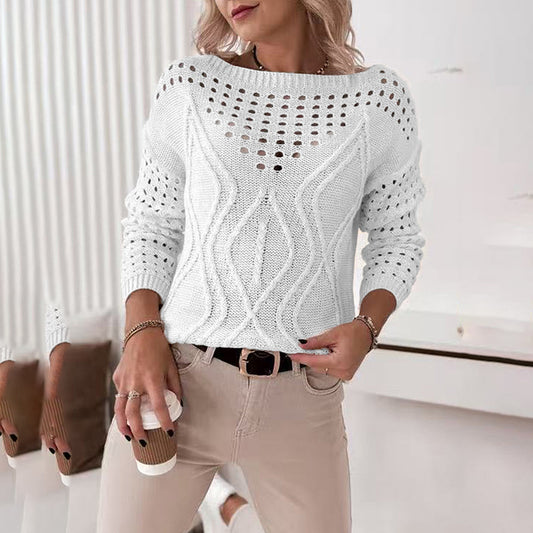 Women's Casual Long Sleeve Crew Neck Blouse. Lightweight Hollow Out Pullover Sweater Tops