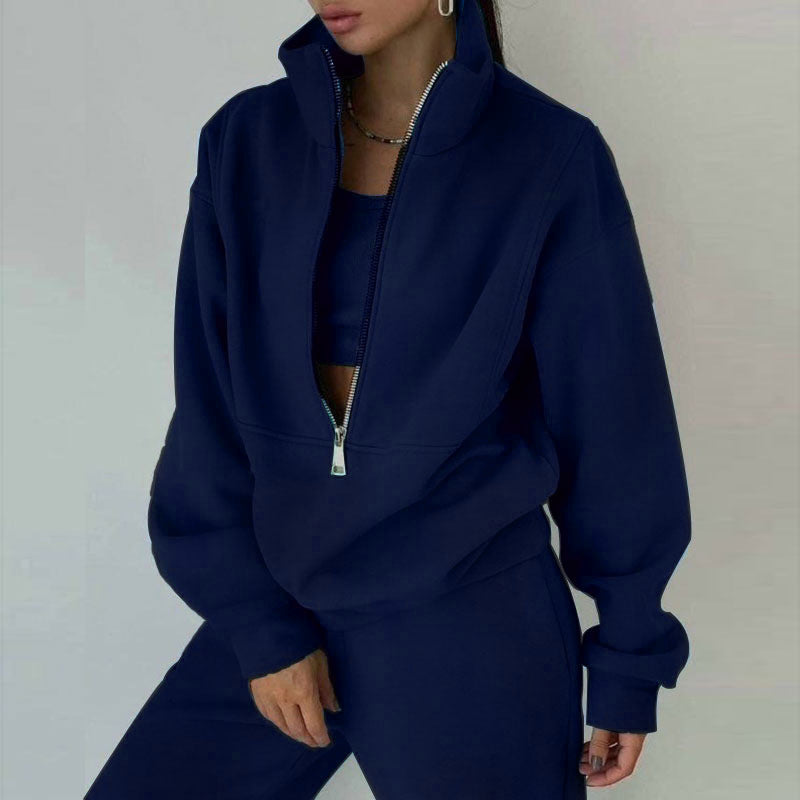 Zip Neck Long Sleeve Sweatshirt & Slim Fit Pants Set - 2 piece Sporty Streetwear women Outfit For Fall & Winter
