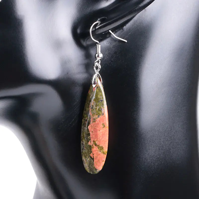 Natural Gemstone Long Geometric Drop Earrings for Women