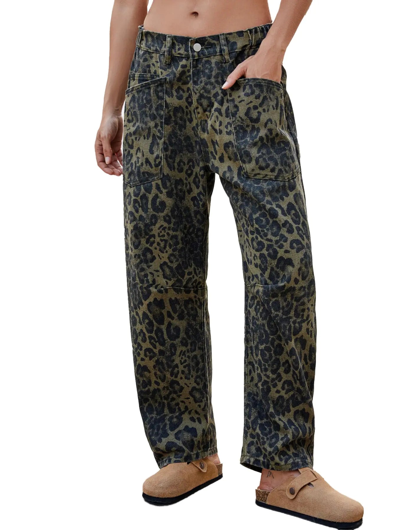 Womens Leopard Pattern Barrel Jeans. Wide Leg Y2K Denim Pants - Baggy Boyfriend Jeans with Pockets