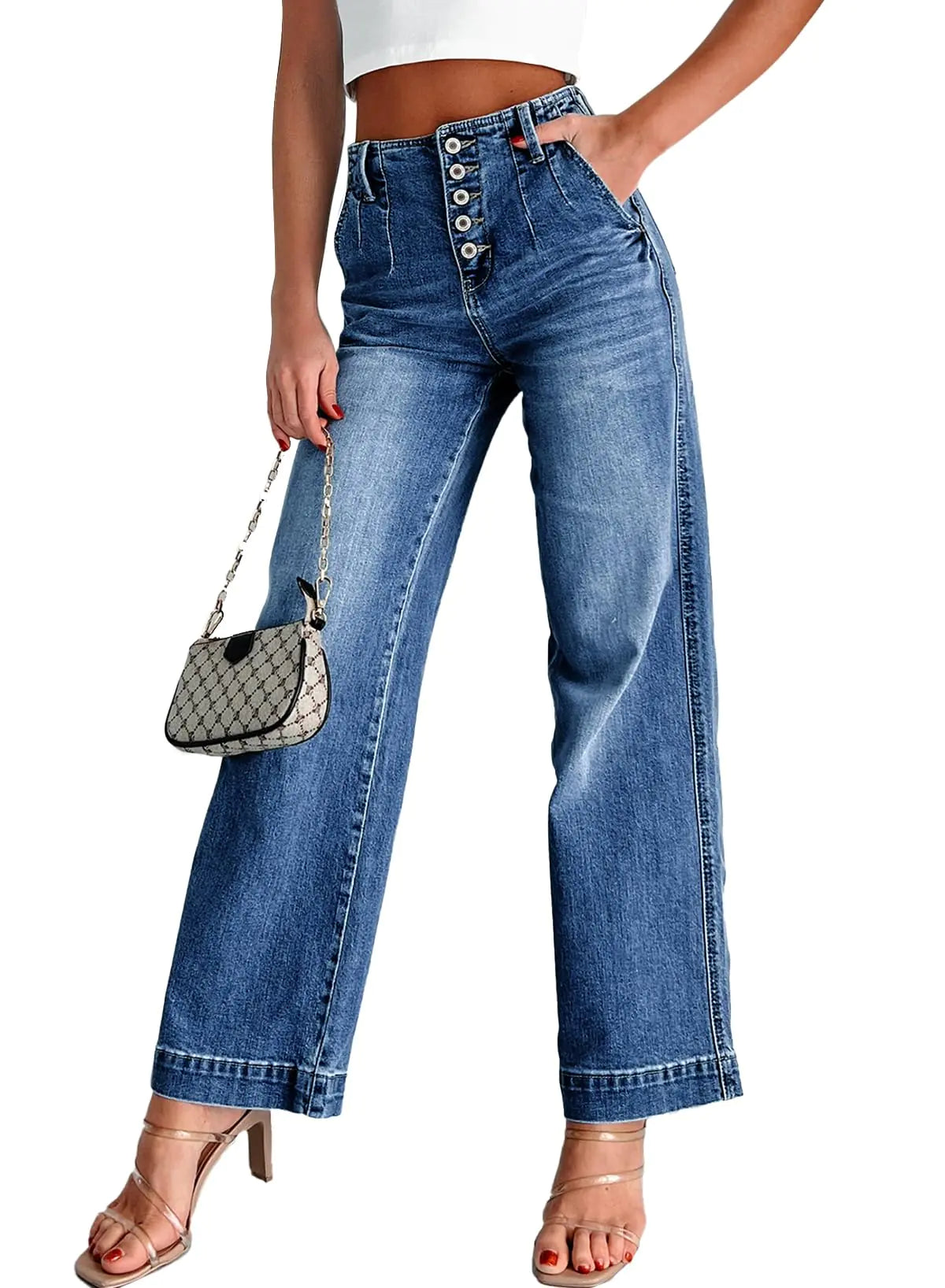 Womens High Waisted Jeans. Button Fly Stretchy Straight Wide Leg Denim Pants Dark Blue Size 8