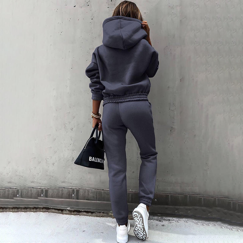 Women's Casual 2-Piece Tracksuit, Solid Color Hooded Sweatshirt And Slim Fit Jogger Pants, For Autumn And Winter