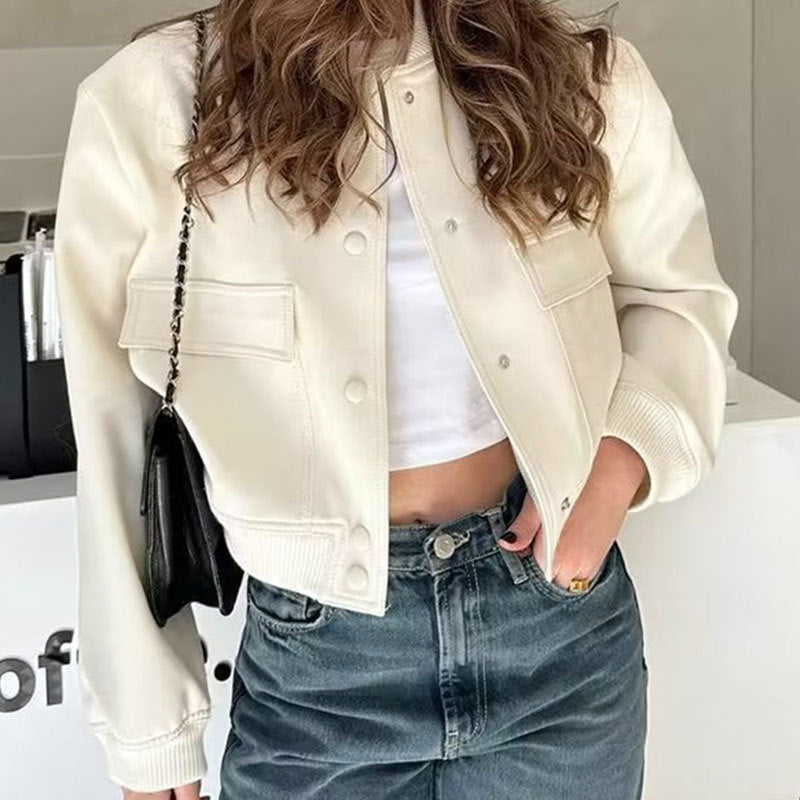 Fashion Button Stand-collar Jacket With Big Pockets. Casual Loose Short Outwear Tops Coat For Women
