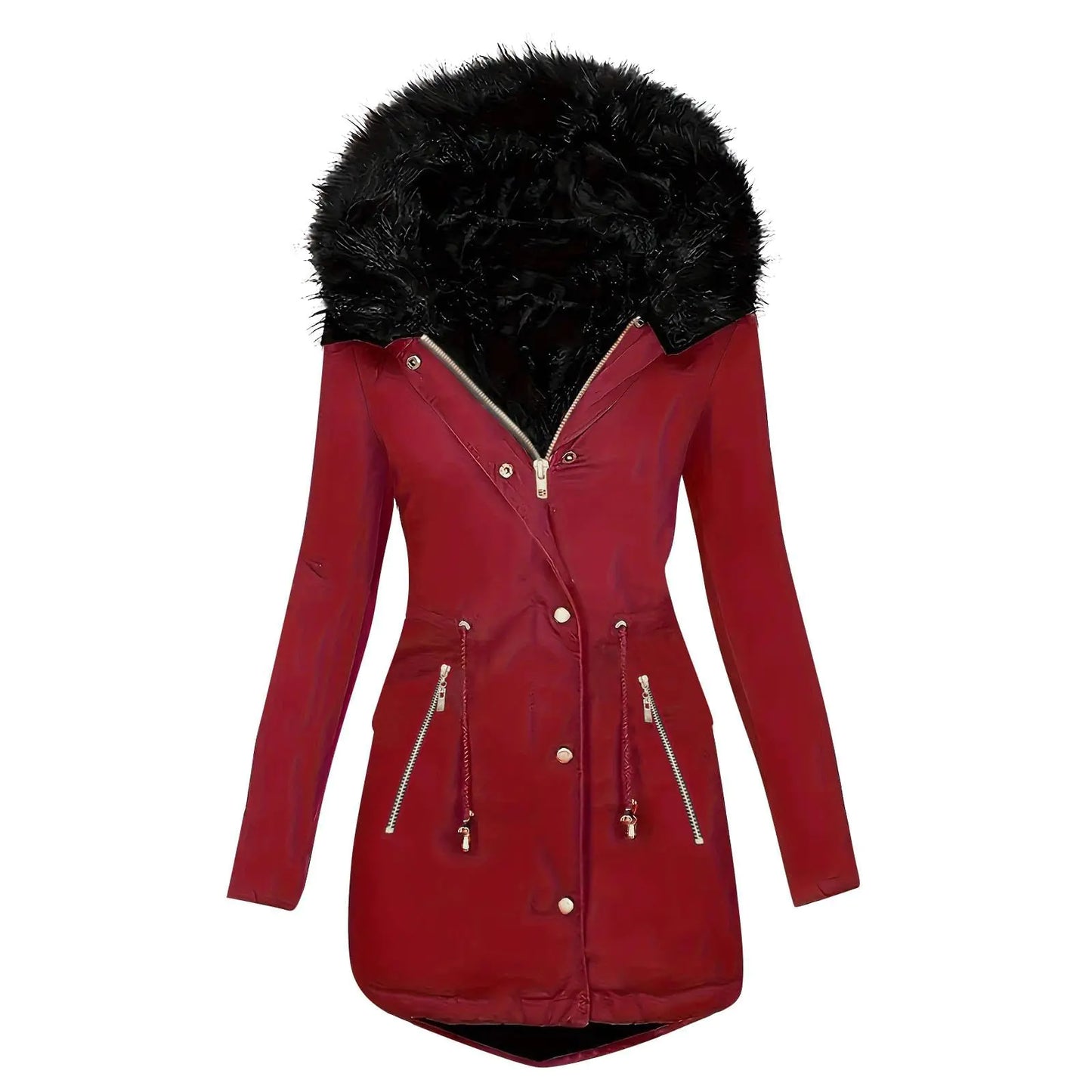 Mid Length Sherpa Lined Warm Heavy Jackets. Thickened Windproof Women Winter Coats, Outerwear With Fur Hood