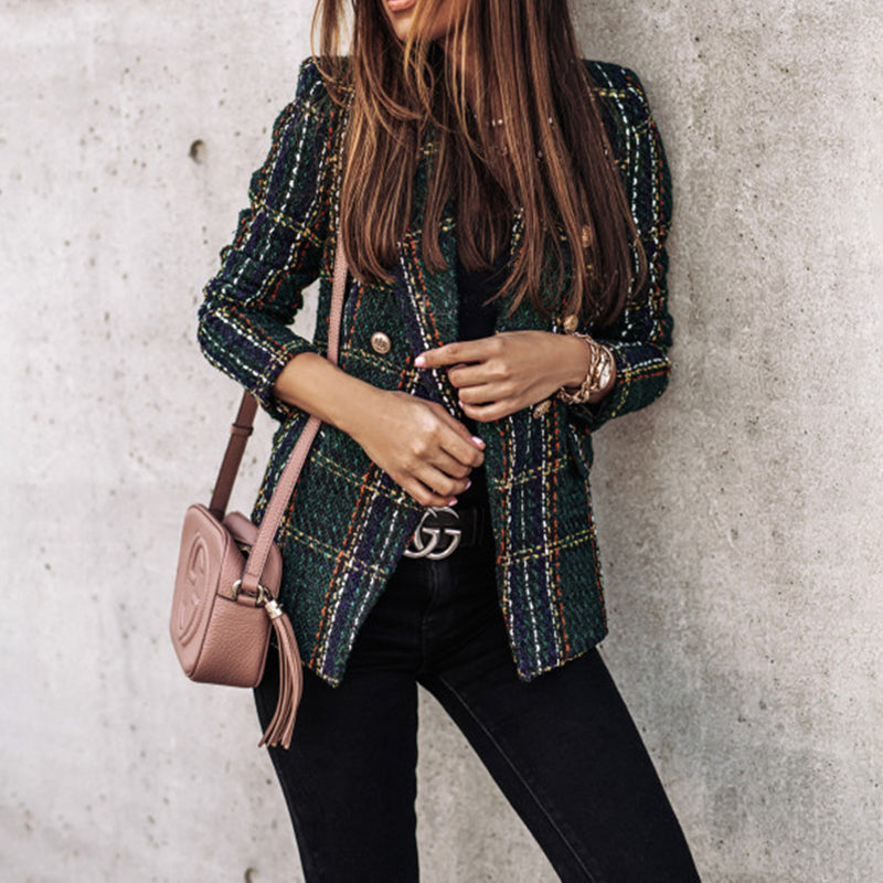 Women's Elegant Checkered Long Sleeve Blazer - Double-Breasted Printed Trench Coat For Fall&Winter, Office & Casual Jacket