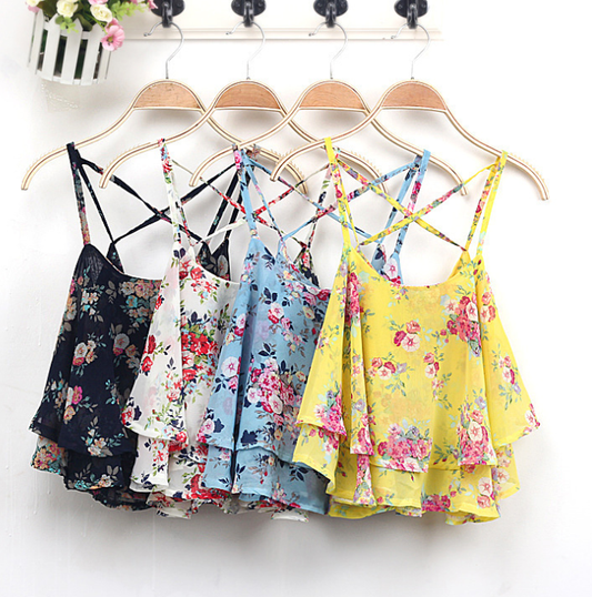 Vintage Floral Cami Top, Sleeveless Off-Shoulder Tank