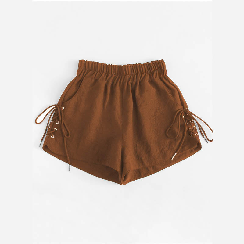 Brown Lace-Up Edge Shorts with Eyelet Detail
