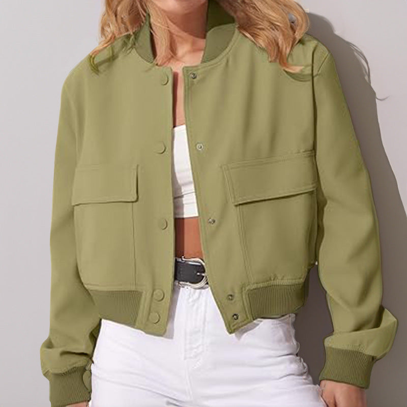 Fashion Button Stand-collar Jacket With Big Pockets. Casual Loose Short Outwear Tops Coat For Women