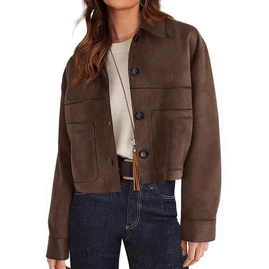 Women Faux Suede Short Jacket. Casual Lightweight Autumn Fashion