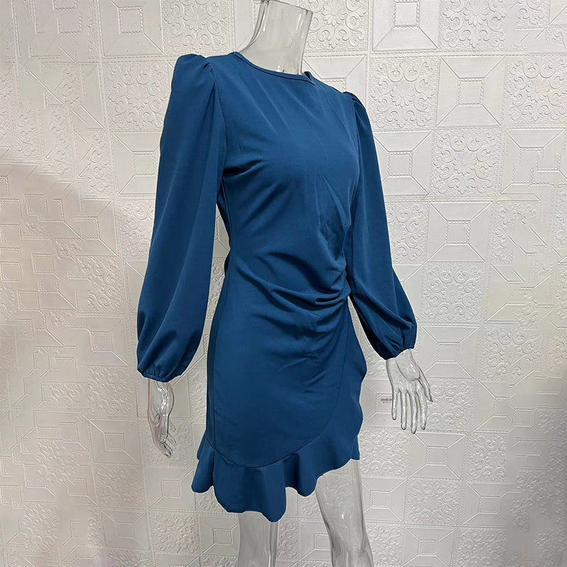Women's Solid Color Bohemian Puff Sleeve Dress - Slim Fit Round Neck Long Sleeve Dress For Casual & Semi-Formal Occasions