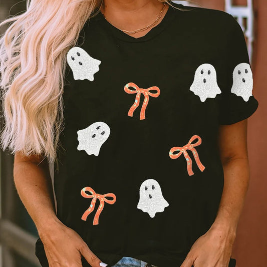 Black Sequin Bow Ghost Patched Halloween Graphic Top