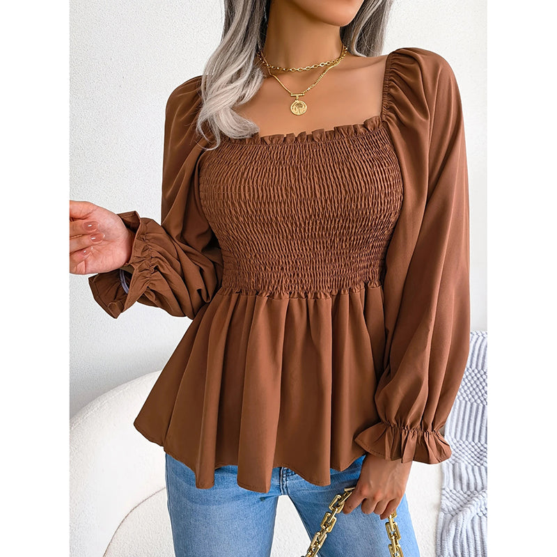 Women's Peplum Tops. Square Neck Ruffle Trim Long Sleeve Blouse, Smocked Top Dressy Casual Shirts