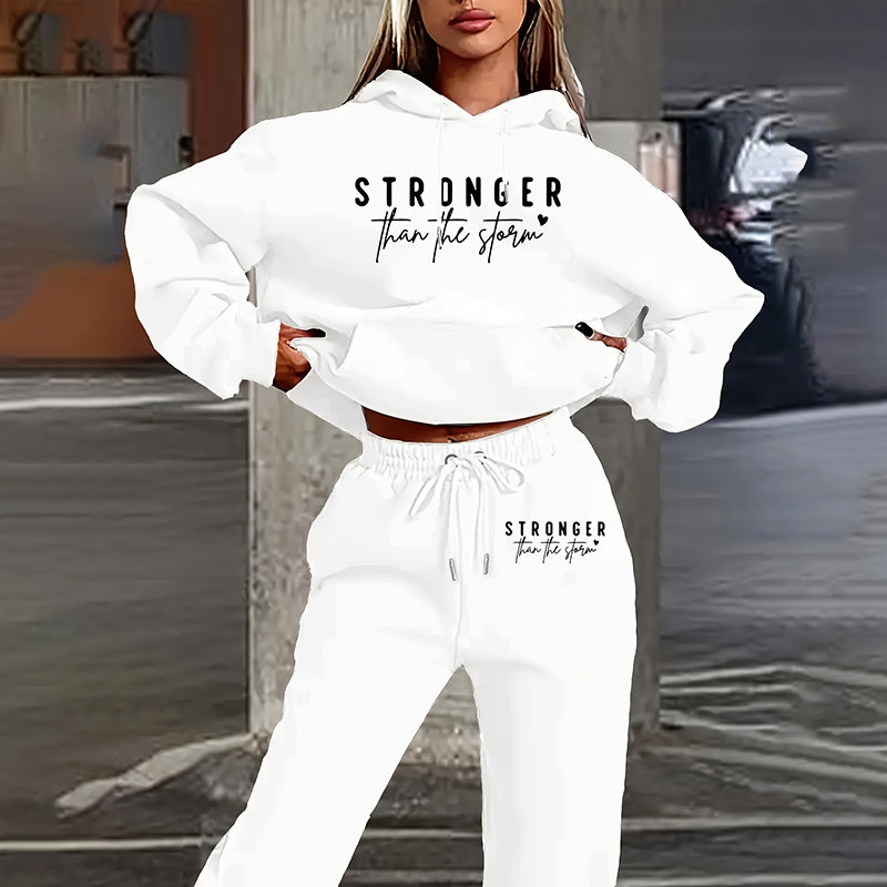 Solid 2-Piece Letter Print Hoodie With Pocket & Drawstring Jogger Pants, Casual Tracksuit for women