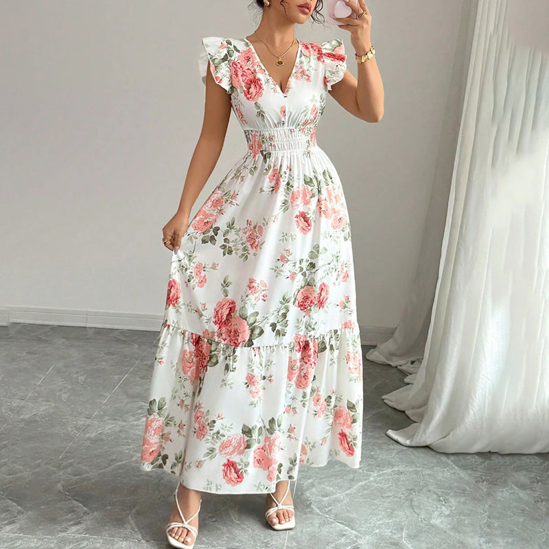 Womens Casual Summer Maxi Dress. Flutter Short Sleeve V Neck Smocked dress, A Line Flowy Beach Vacation Long Dresses