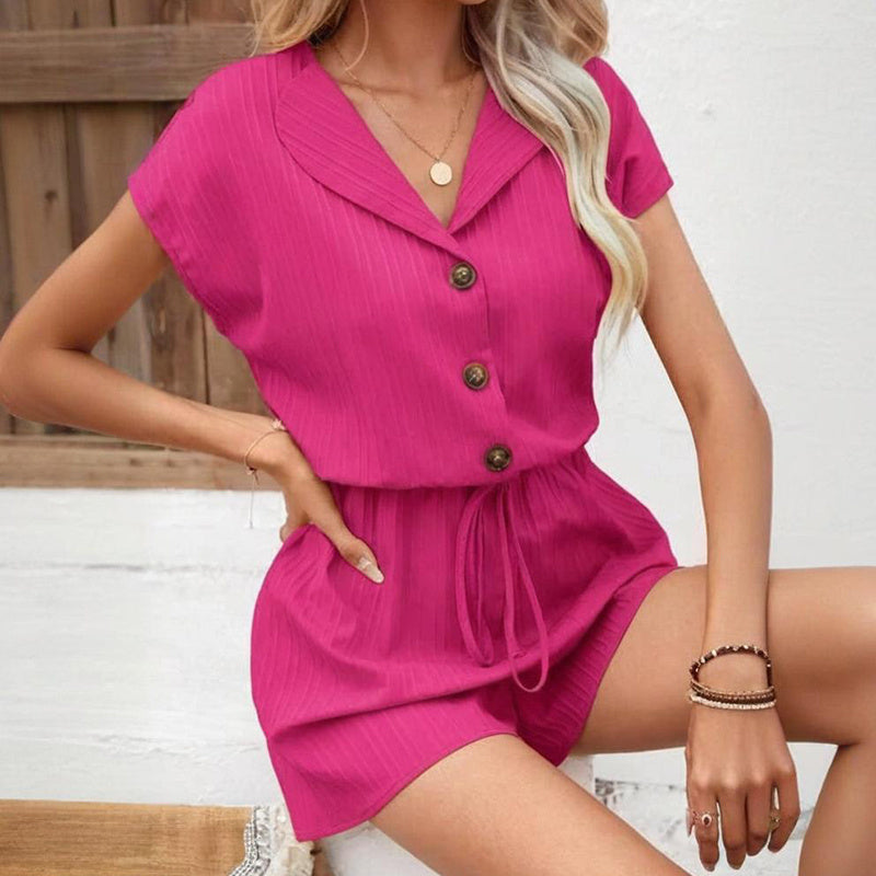 Women's 2-Piece Summer Lounge Set, Textured Short Sleeve Button-Down Shirt And Matching Shorts Outfit