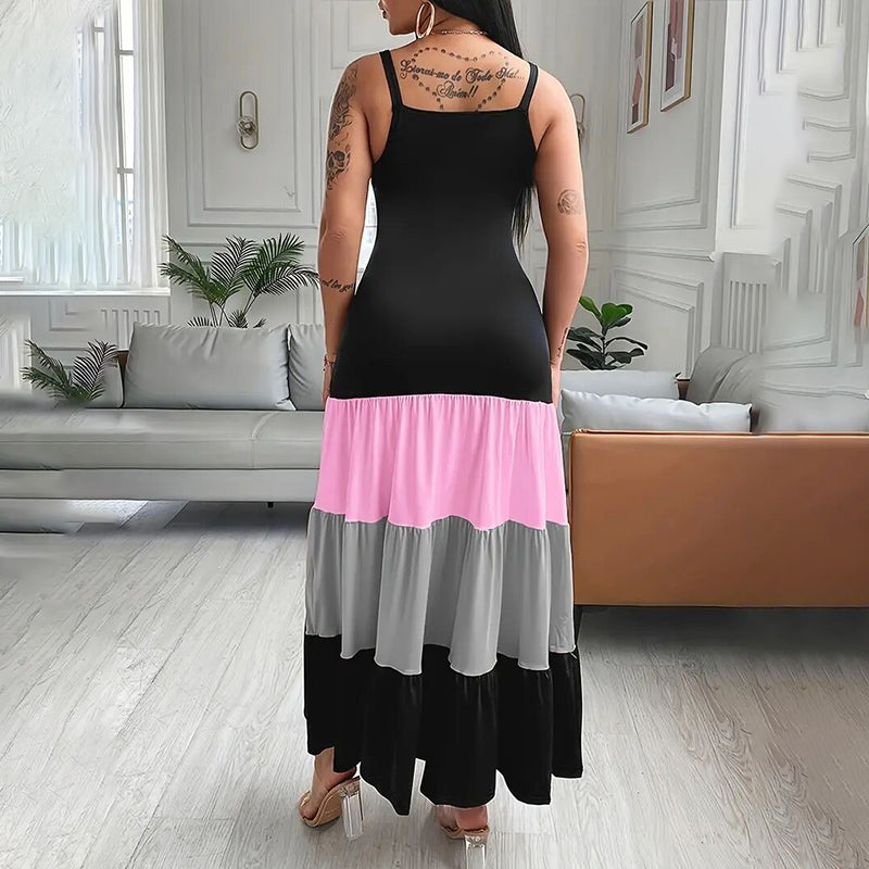 Women's Summer Casual Sleeveless Dress. V Neck Color Block Spaghetti Strap Maxi Long Dress