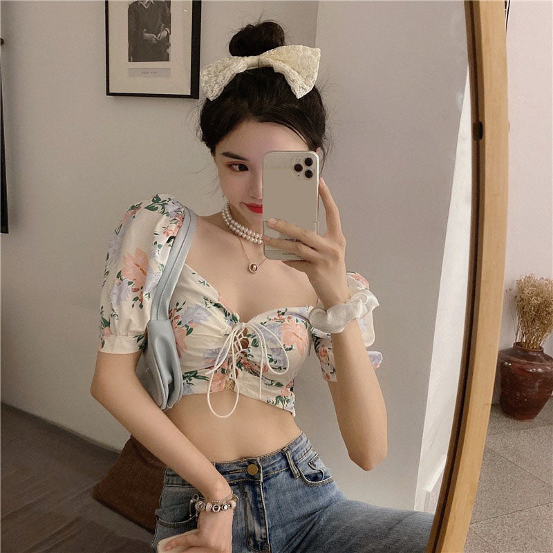 Summer Short Sleeve Floral Blouse with Puff Sleeves