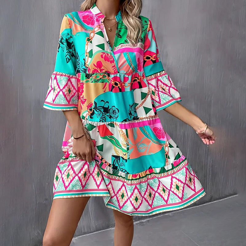 Womens Mini Dress. Casual V-Neck Printed Flared dress, Sleeve Pleated Short Beach Dresses
