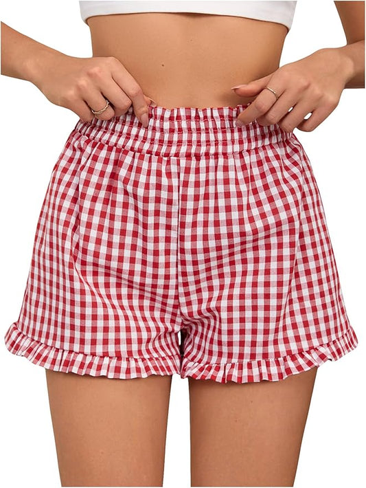 Women's Plaid Print Patched Shorts. Button Front Elastic Waist Shorts, Casual Comfy Bottoms For Daily Wear, Women Workout Clothes, Beach Cottage