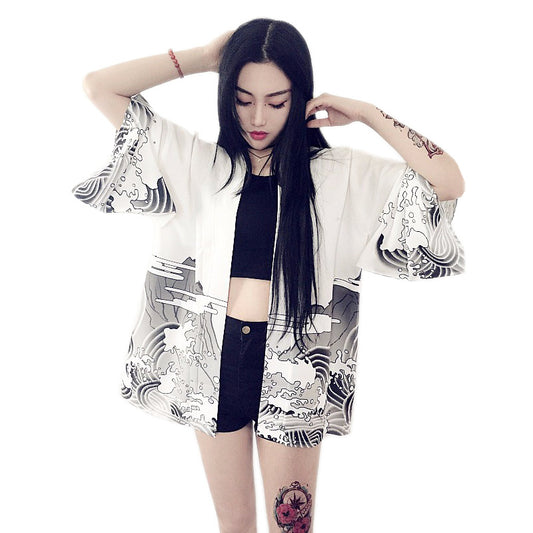 Korean version of the wild five-point sleeve Japanese style and wind feather weaving sunscreen chiffon cardigan women's clothing