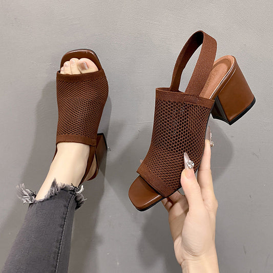 European And American Flying Woven Chunky High Heel Sandals For Women