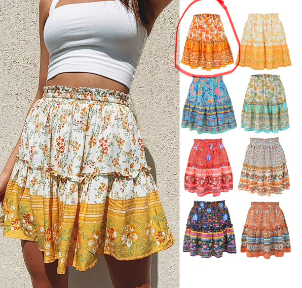 Floral Ruffled Hem Short Skirt with Patchwork Design