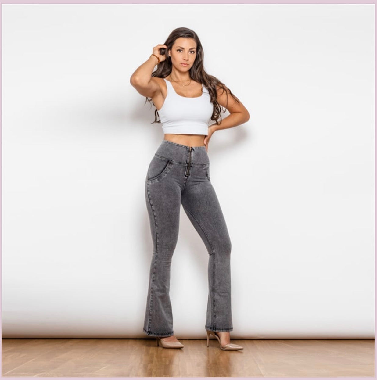 High Waist Grey Flared Pants for Women