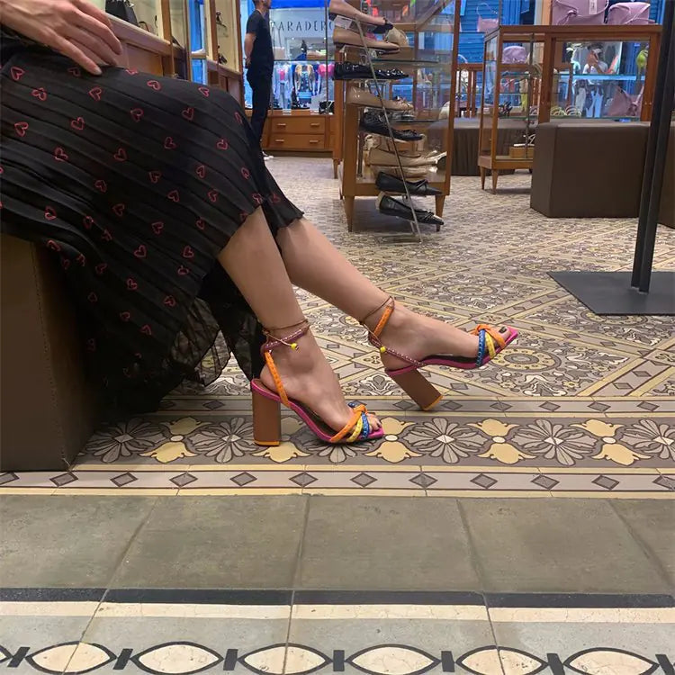 Plus Size Women's Heels with Colorful Straps and Block Heels